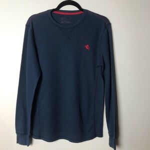 Men’s Express long sleeve pullover shirt. Navy blue with red stitching.